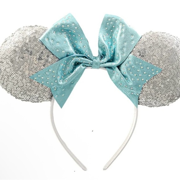 Disney Other - Silver Sequin Ears with Blue Bow Headband